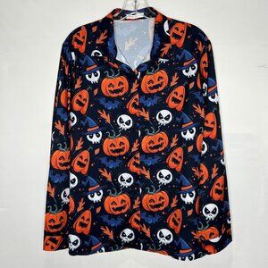 Rumwe Woman’s Blouse sz Lg Halloween Pumpkins & Skulls Black Orange White Top